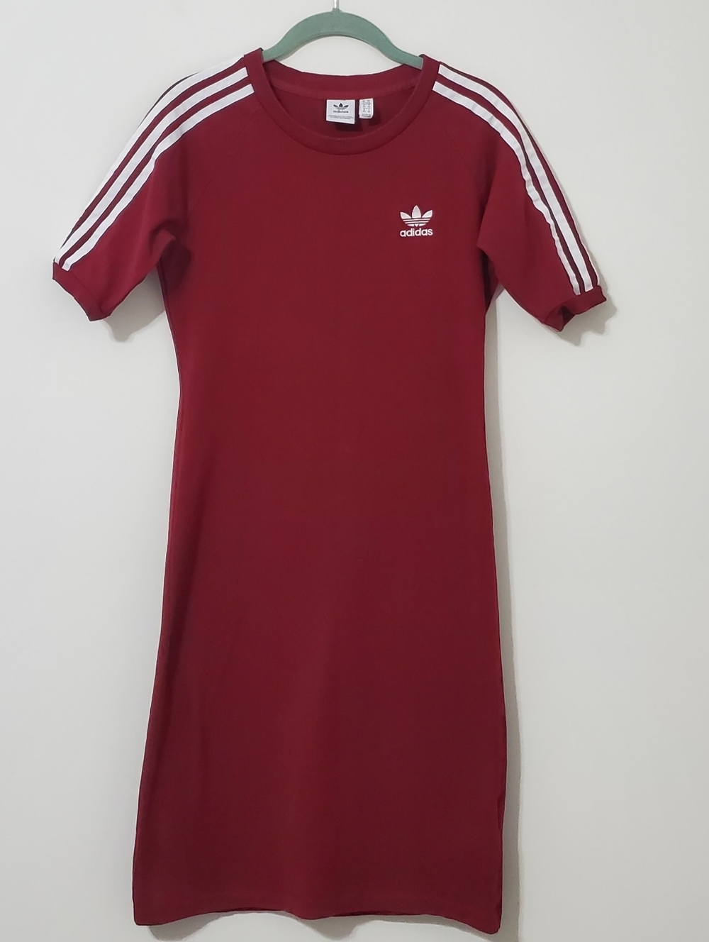 Adidas 3 Stripes Burgundy Collegiate Cotton Jersey Dress Womens Medium - Picture 2 of 10